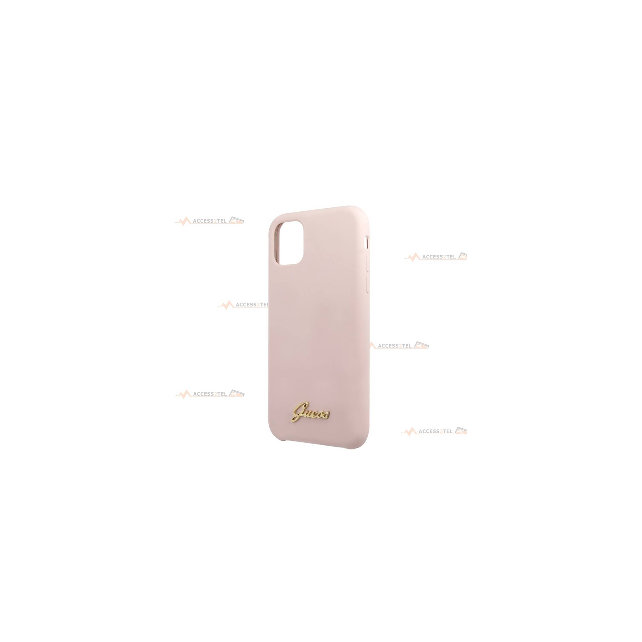 coque de téléphone guess rose pâle avec pin's doré du logo vintage pour iphone 11 pro 