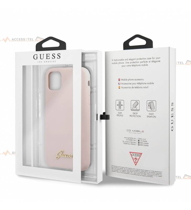 coque de téléphone guess rose pâle avec pin's doré du logo vintage pour iphone 11 pro boîte