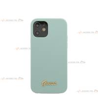 coque de téléphone guess turquoise en silicone soft touch avec pin's doré logo vintage pour iphone 12 et iphone 12 pro