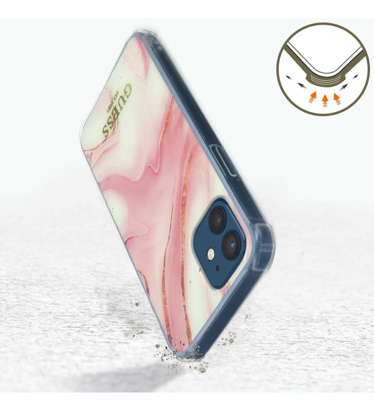 coque de téléphone guess design marbre rose avec cordon dragonne pour iphone 12 antichoc