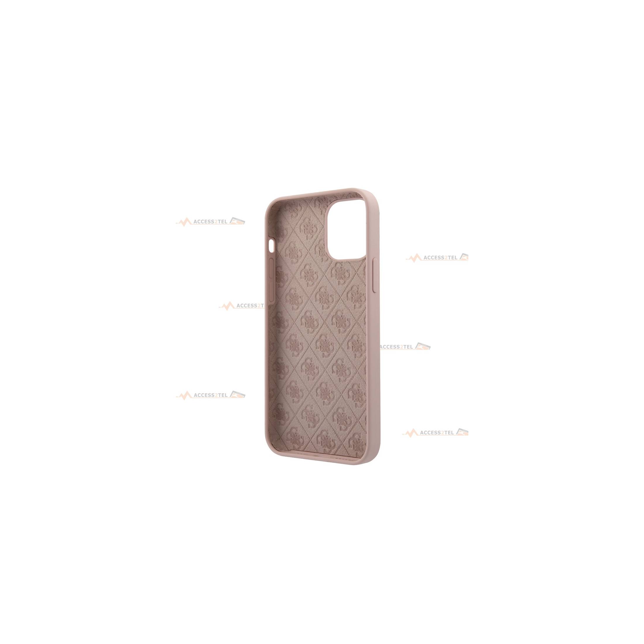 coque de téléphone guess rose en silicone soft touch avec pin's pour iphone 12 intérieur microfibre