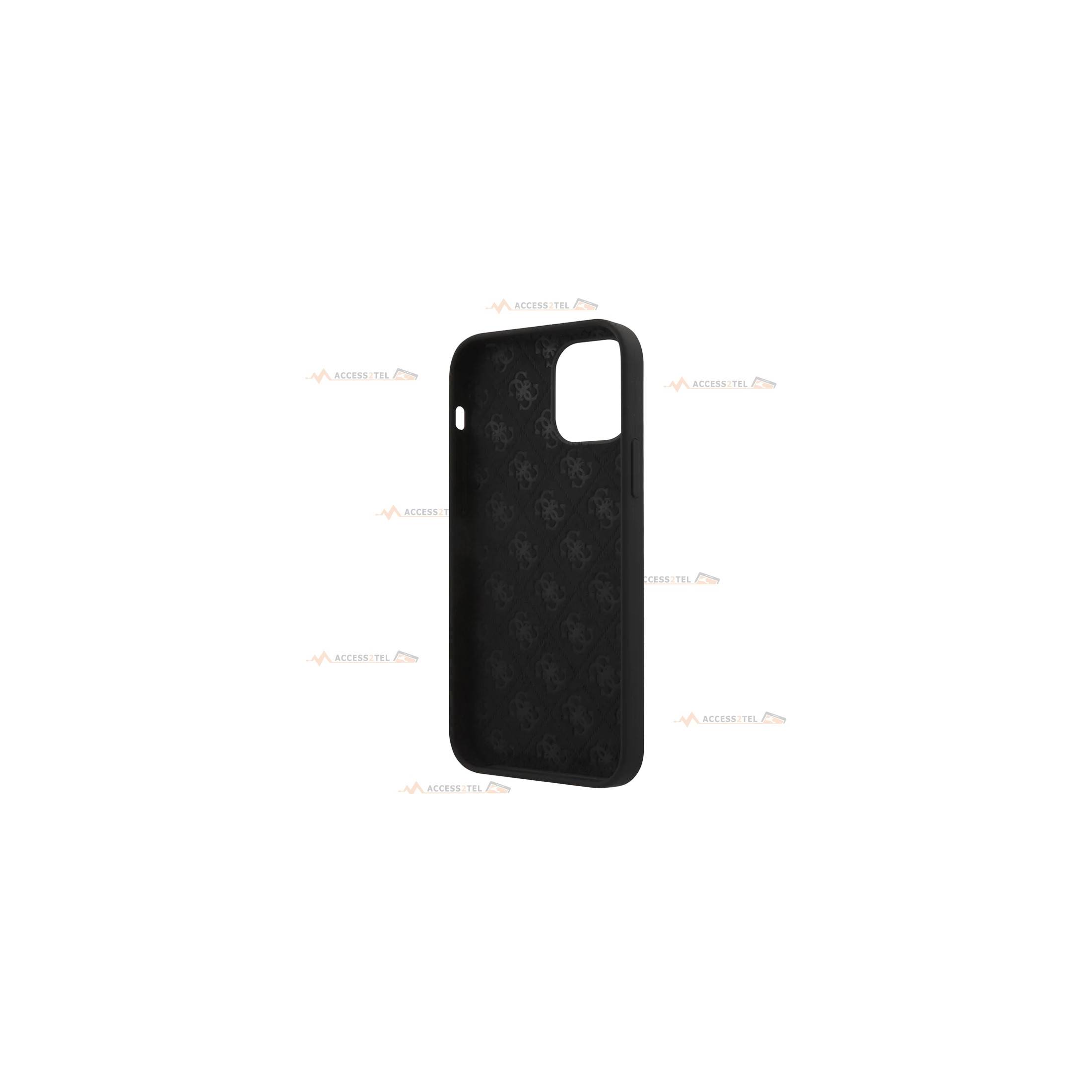 coque de téléphone guess pour iphone 12 pro max noire soft touch avec logo pin's doré intérieur microfibre