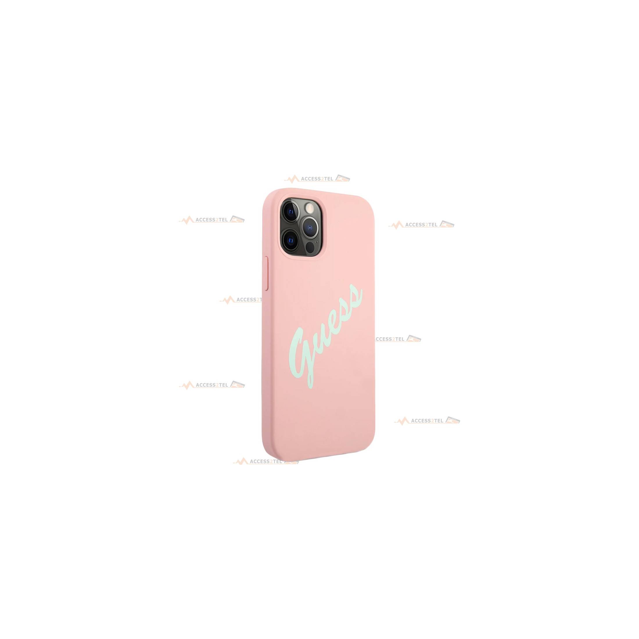 coque de téléphone rose soft touch logo guess vintage bleu clair pour iphone 12 pro max