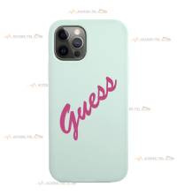 coque de téléphone turquoise soft touch logo guess vintage fuchsia pour iphone 12 pro max