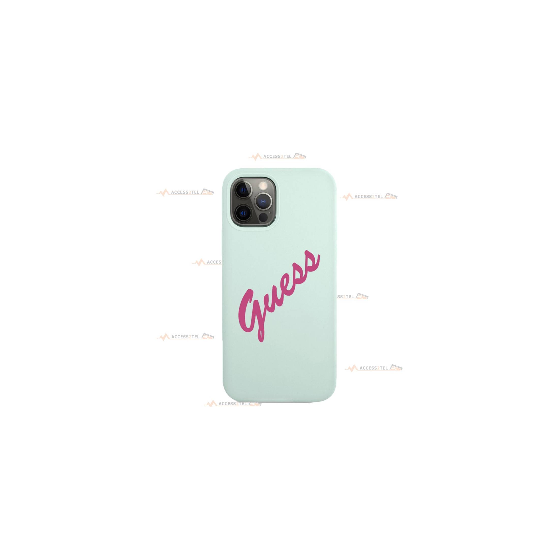 coque de téléphone turquoise soft touch logo guess vintage fuchsia pour iphone 12 pro max