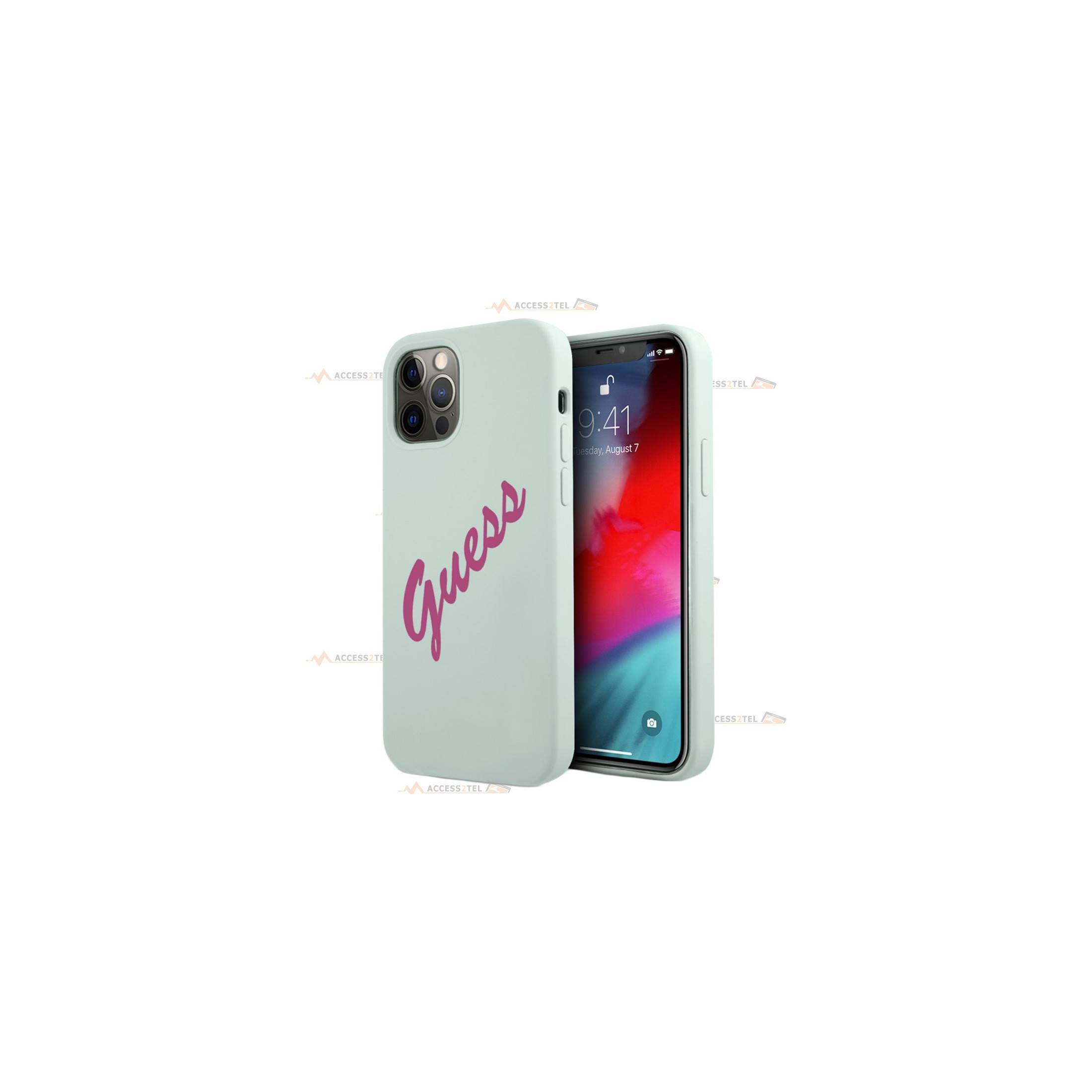 coque de téléphone turquoise soft touch logo guess vintage fuchsia pour iphone 12 pro max smartphone