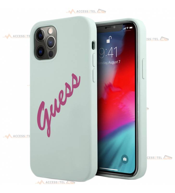 coque de téléphone turquoise soft touch logo guess vintage fuchsia pour iphone 12 pro max smartphone