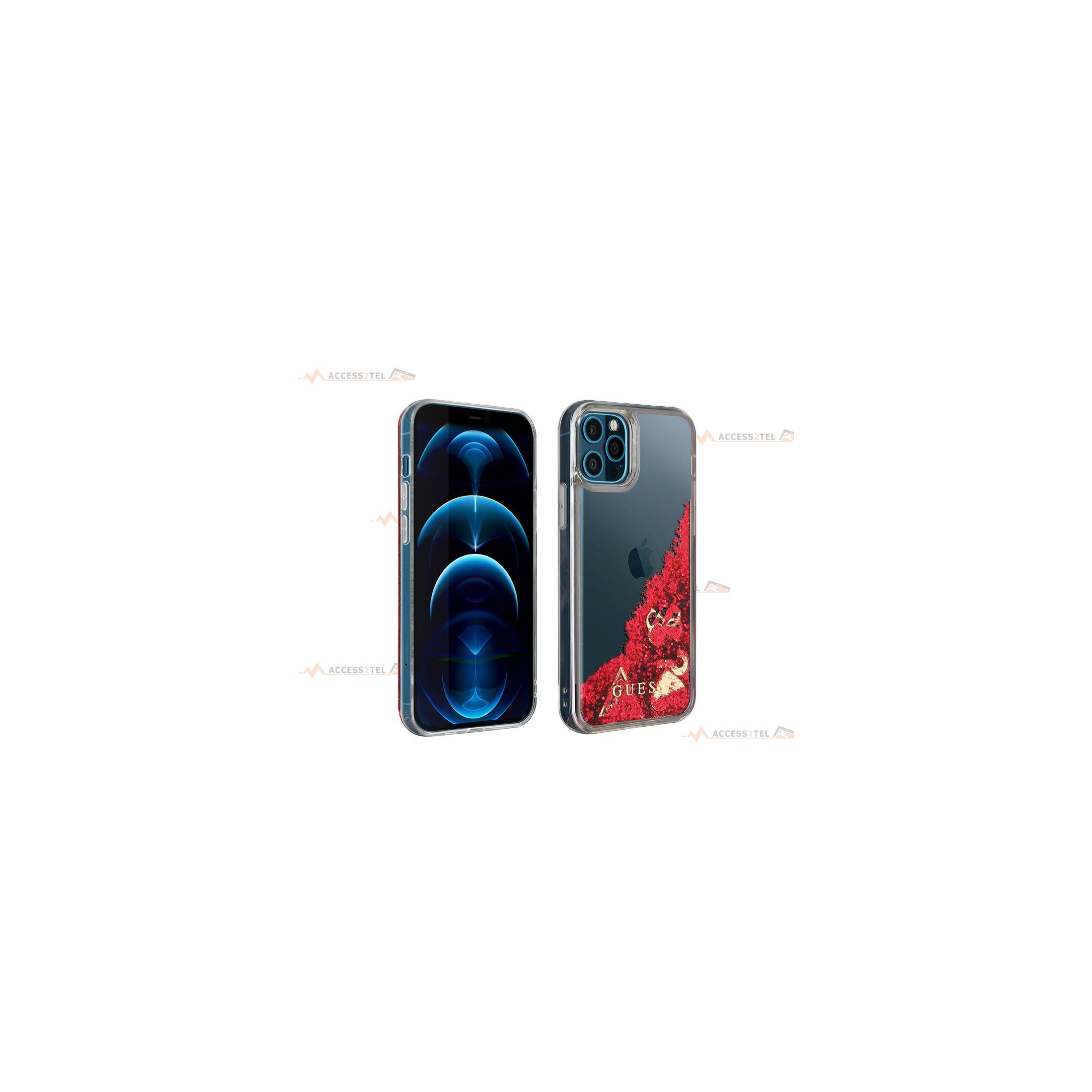 coque de téléphone guess transparente avec liquide à paillettes rouges pour iphone 12 pro max smartphone