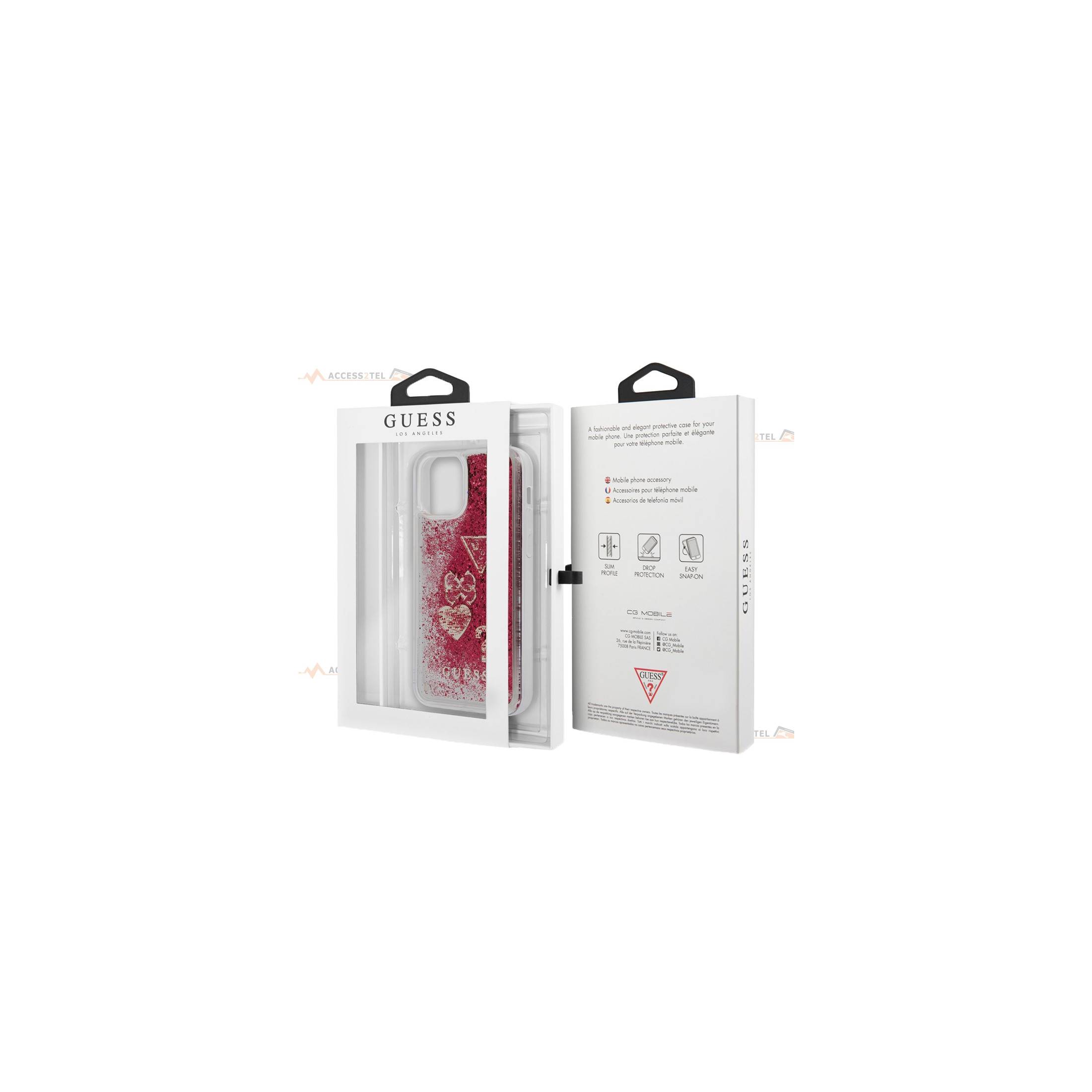 coque de téléphone guess transparente avec liquide à paillettes rouges pour iphone 12 pro max boîte
