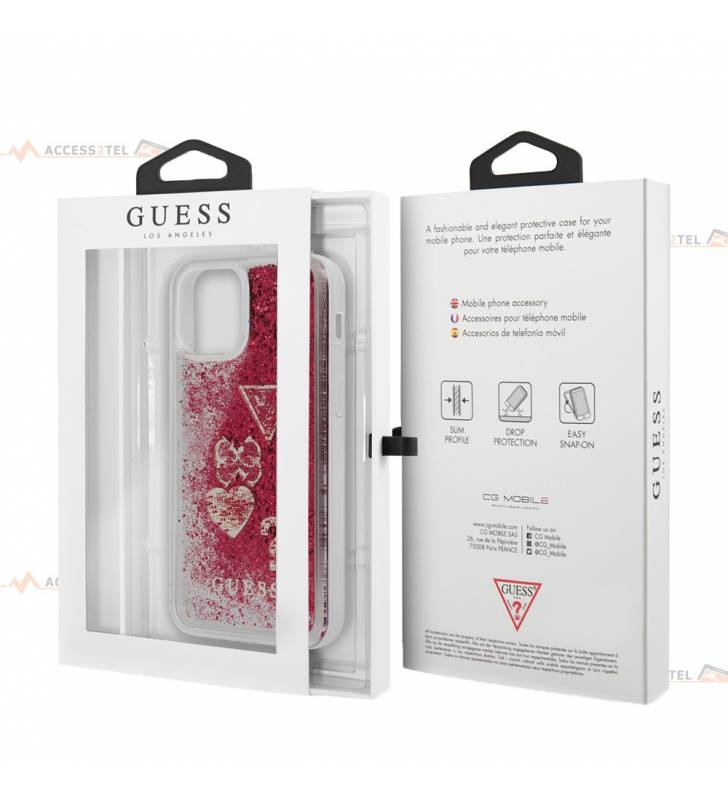 coque de téléphone guess transparente avec liquide à paillettes rouges pour iphone 12 pro max boîte