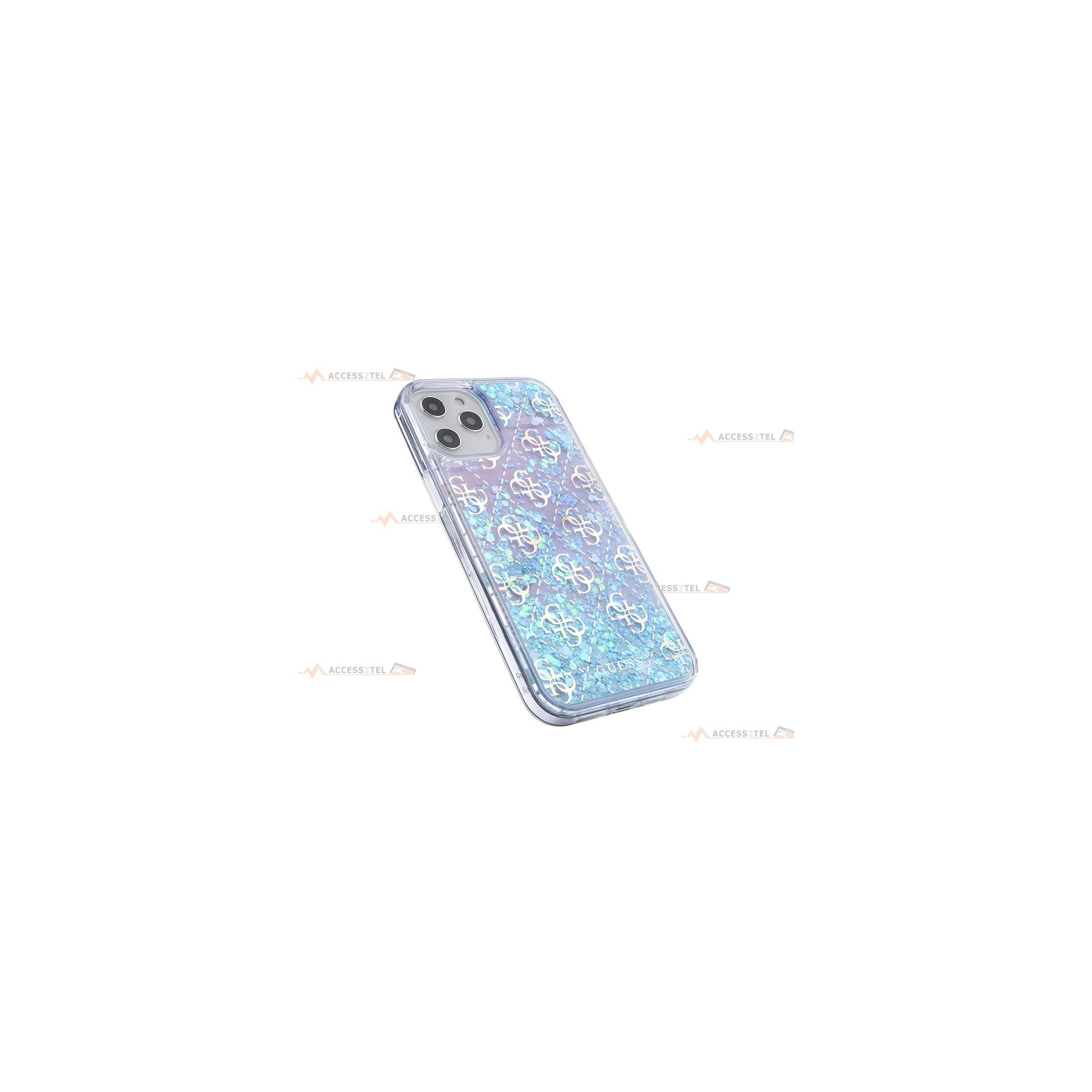 coque de téléphone guess transparente rose avec liquide à paillettes turquoise pour iphone 12 pro max côtés