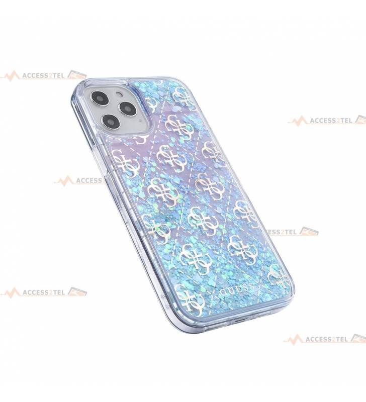 coque de téléphone guess transparente rose avec liquide à paillettes turquoise pour iphone 12 pro max côtés