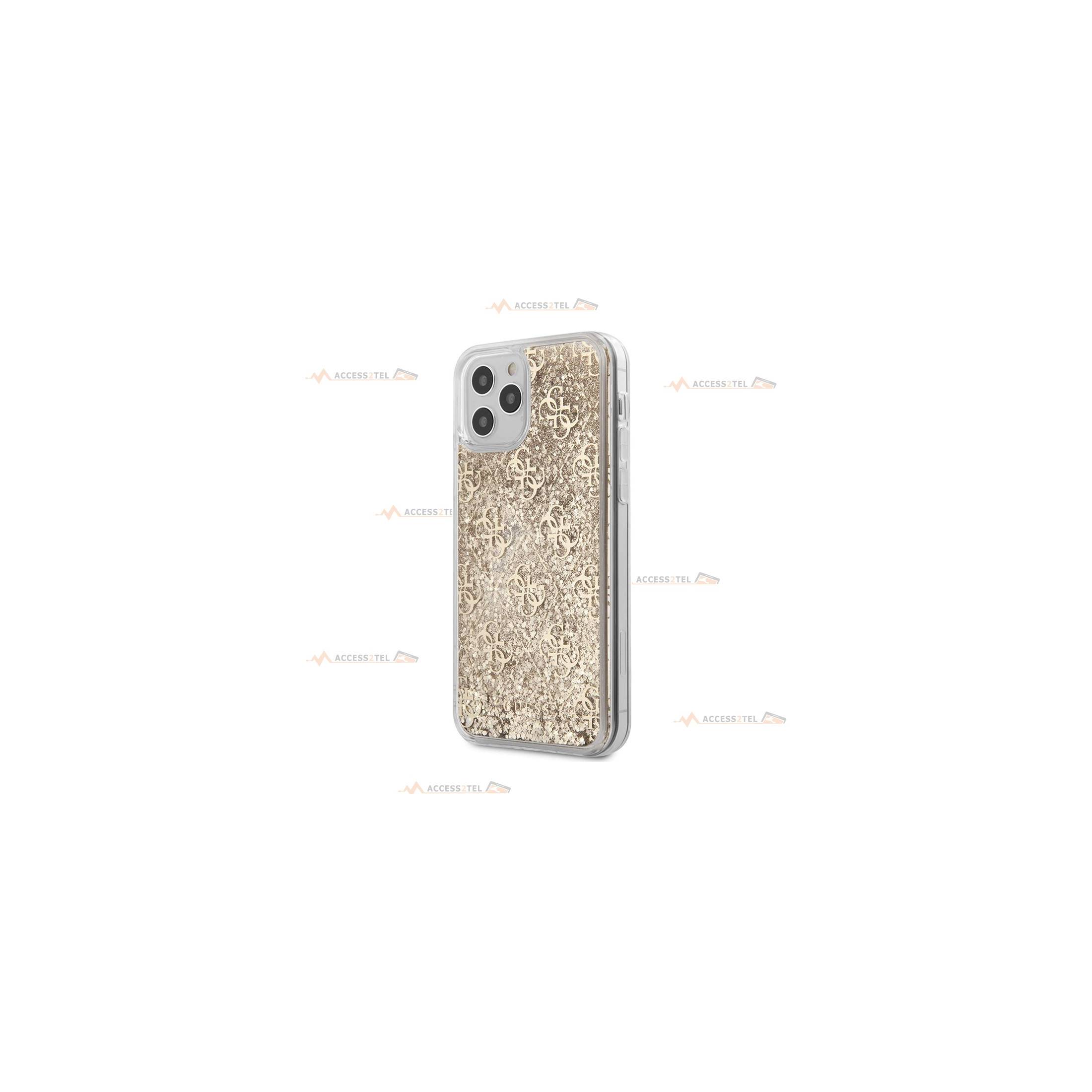 coque de téléphone guess transparente dorée avec liquide à paillettes doré pour iphone 12 pro max