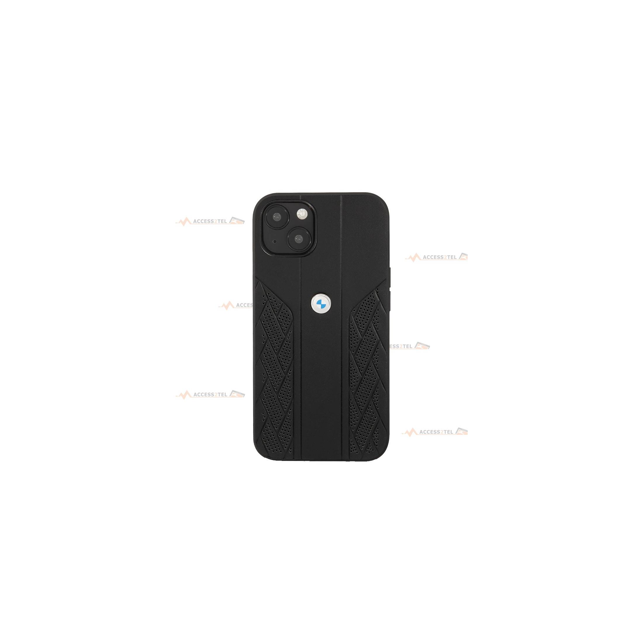 coque de téléphone BMW en cuir noir perforé pour iPhone 13