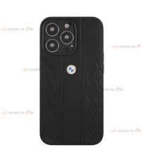 coque de téléphone BMW en cuir noir perforé pour iPhone 13 Pro Max