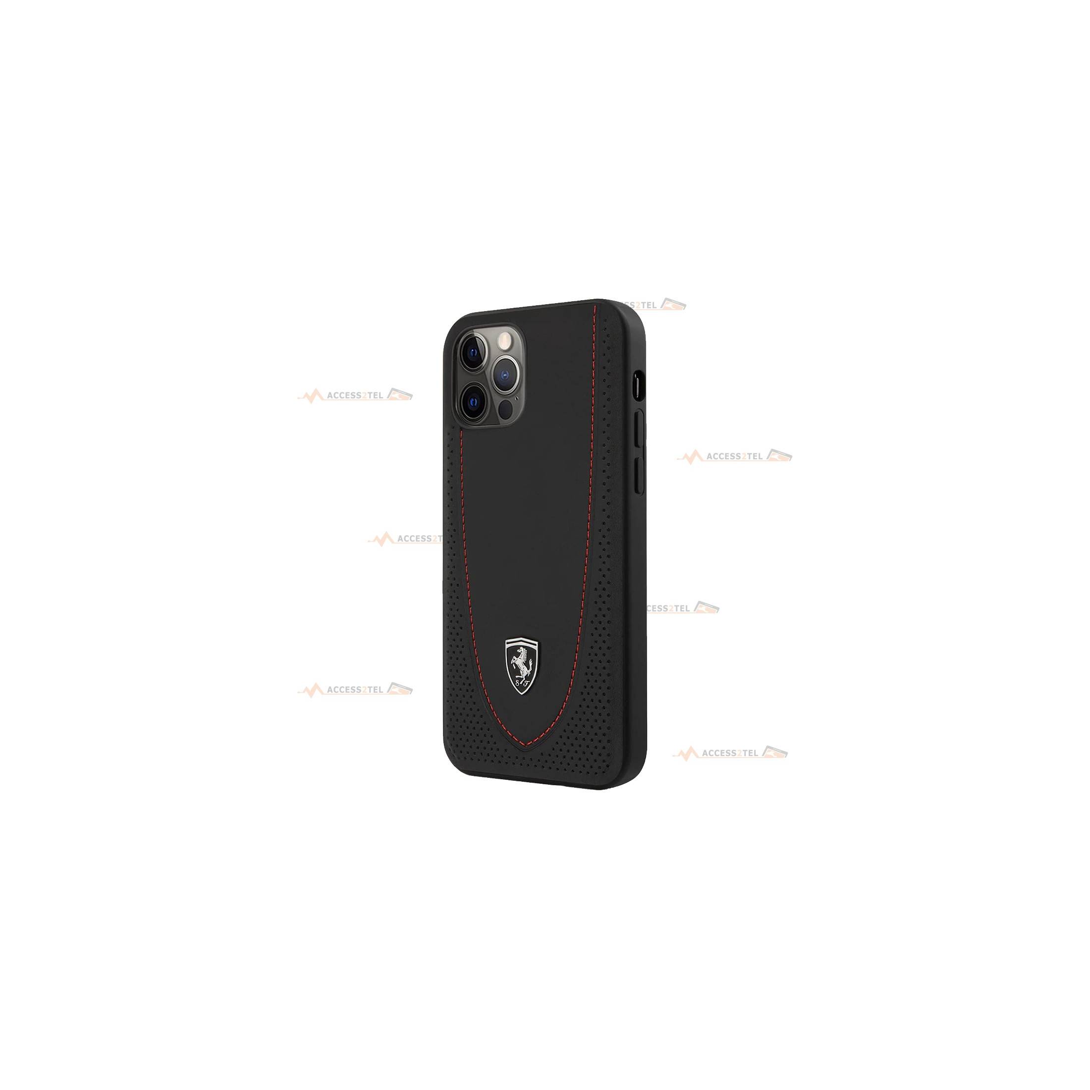 coque de téléphone Ferrari en cuir véritable noir avec surpiqûres rouges et logo argenté pour iPhone 12 et iPhone 12 pro