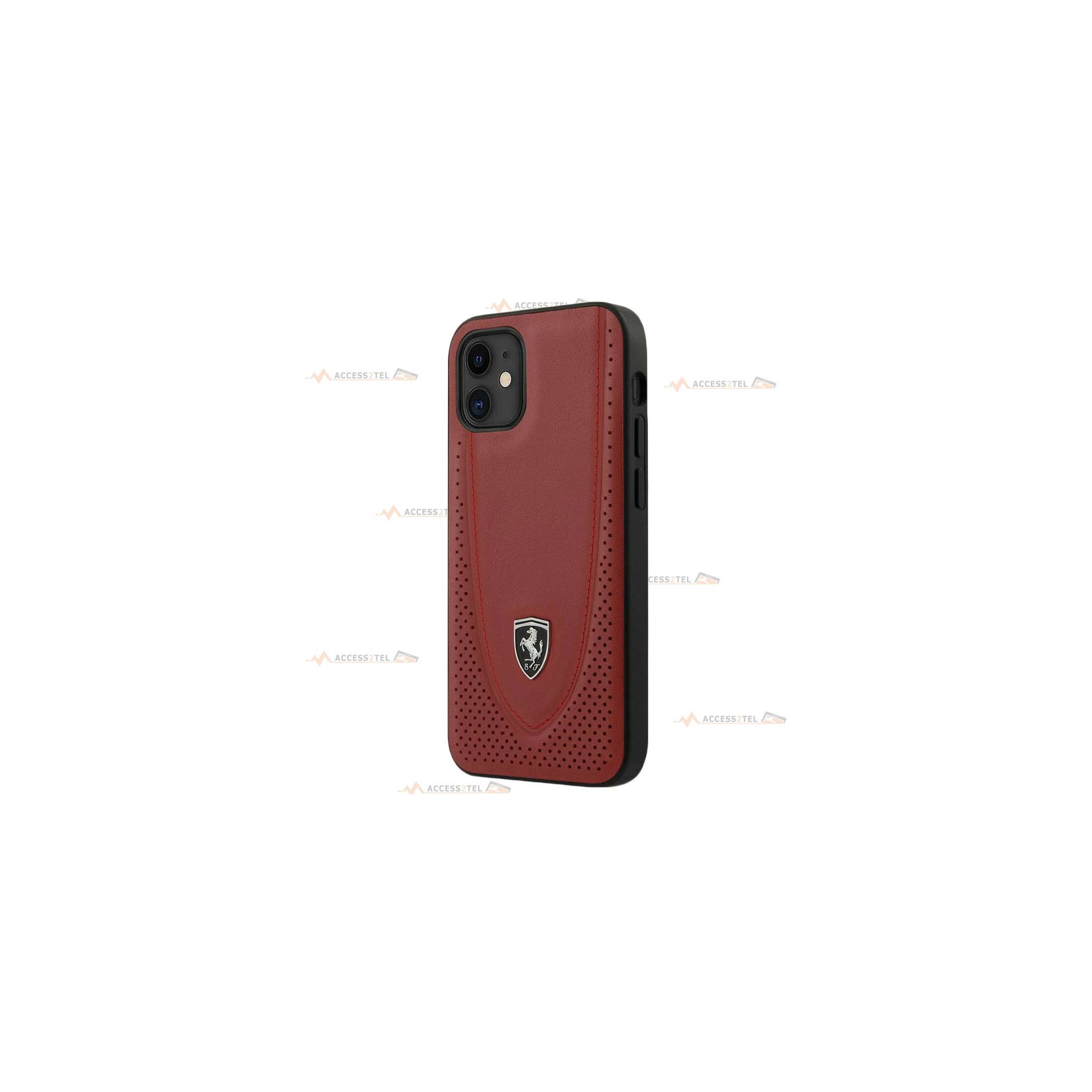 coque de téléphone Ferrari en cuir véritable rouge avec surpiqûres rouges et logo argenté pour iPhone 12 et iPhone 12 pro