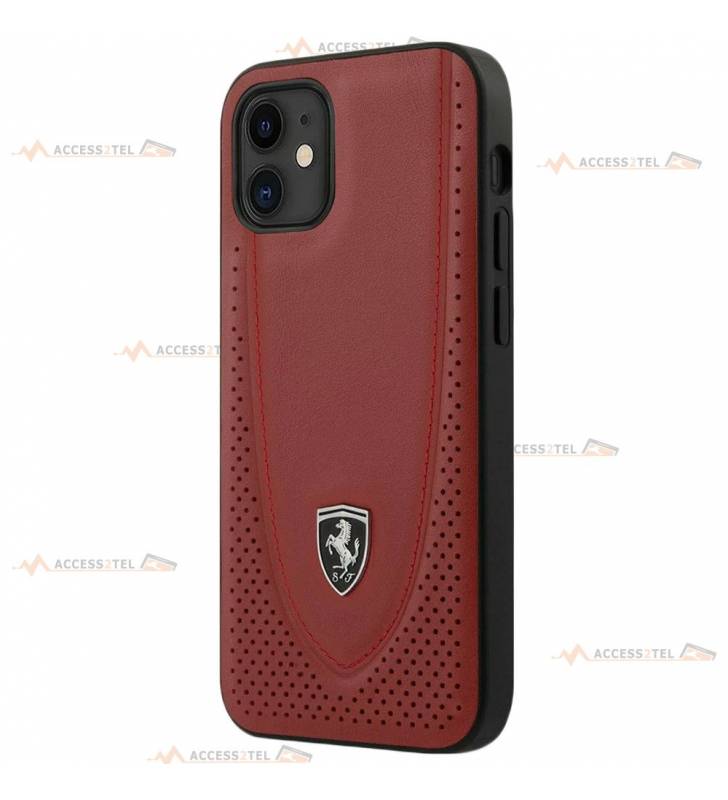 coque de téléphone Ferrari en cuir véritable rouge avec surpiqûres rouges et logo argenté pour iPhone 12 et iPhone 12 pro