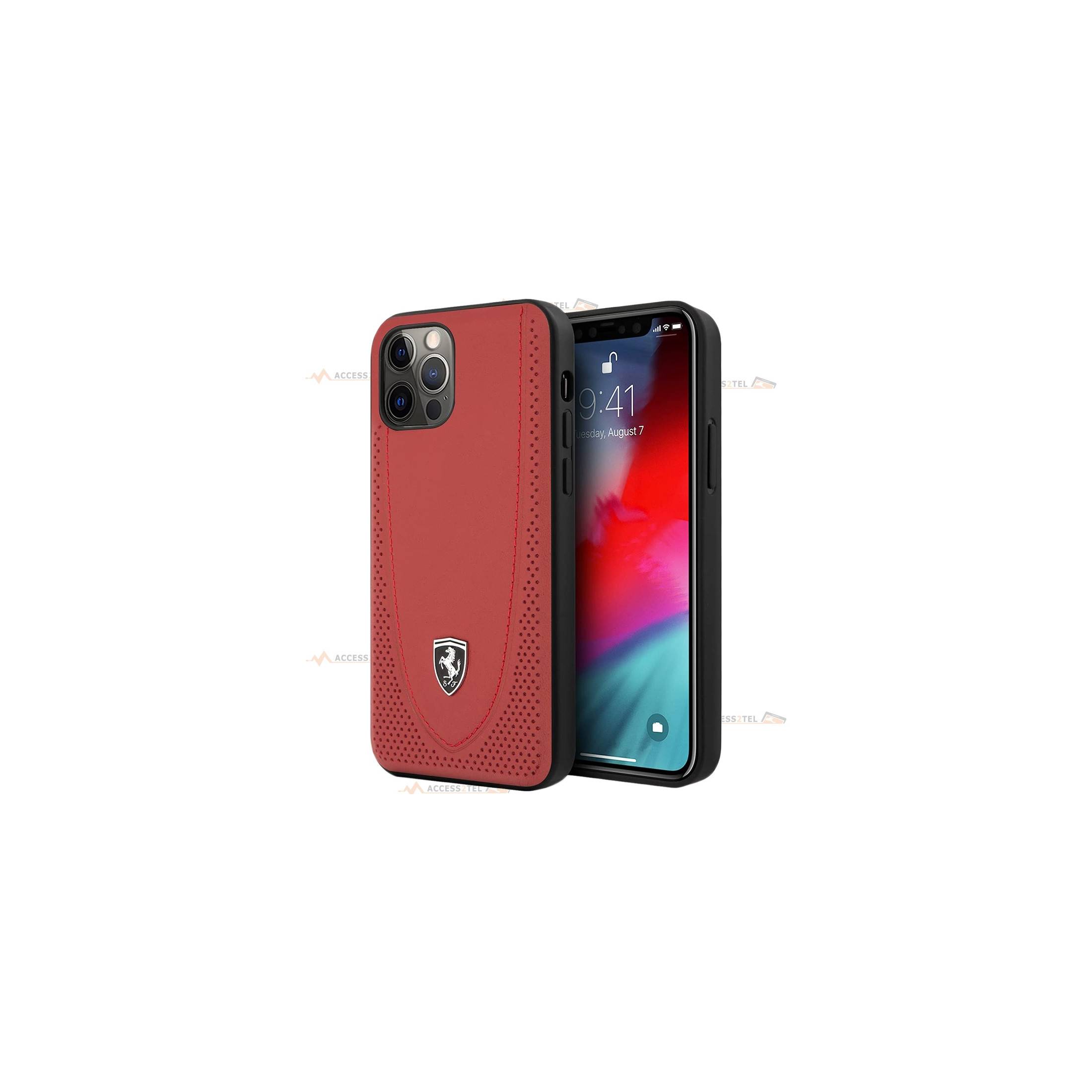 coque de téléphone Ferrari en cuir véritable rouge avec surpiqûres rouges et logo argenté pour iPhone 12 et iPhone 12 pro côté