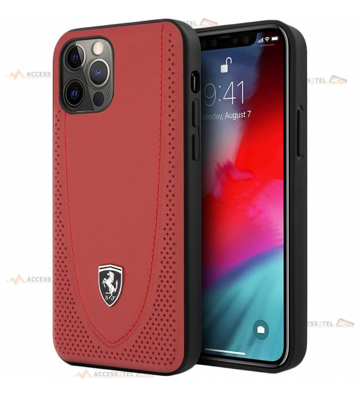 coque de téléphone Ferrari en cuir véritable rouge avec surpiqûres rouges et logo argenté pour iPhone 12 et iPhone 12 pro côté