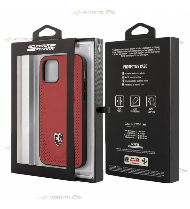 coque de téléphone Ferrari en cuir véritable rouge avec surpiqûres rouges et logo argenté pour iPhone 12 et iPhone 12 pro boîte