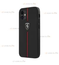 coque de téléphone Ferrari en cuir noir avec trait en nylon rouge et logo arenté pour iPhone 12