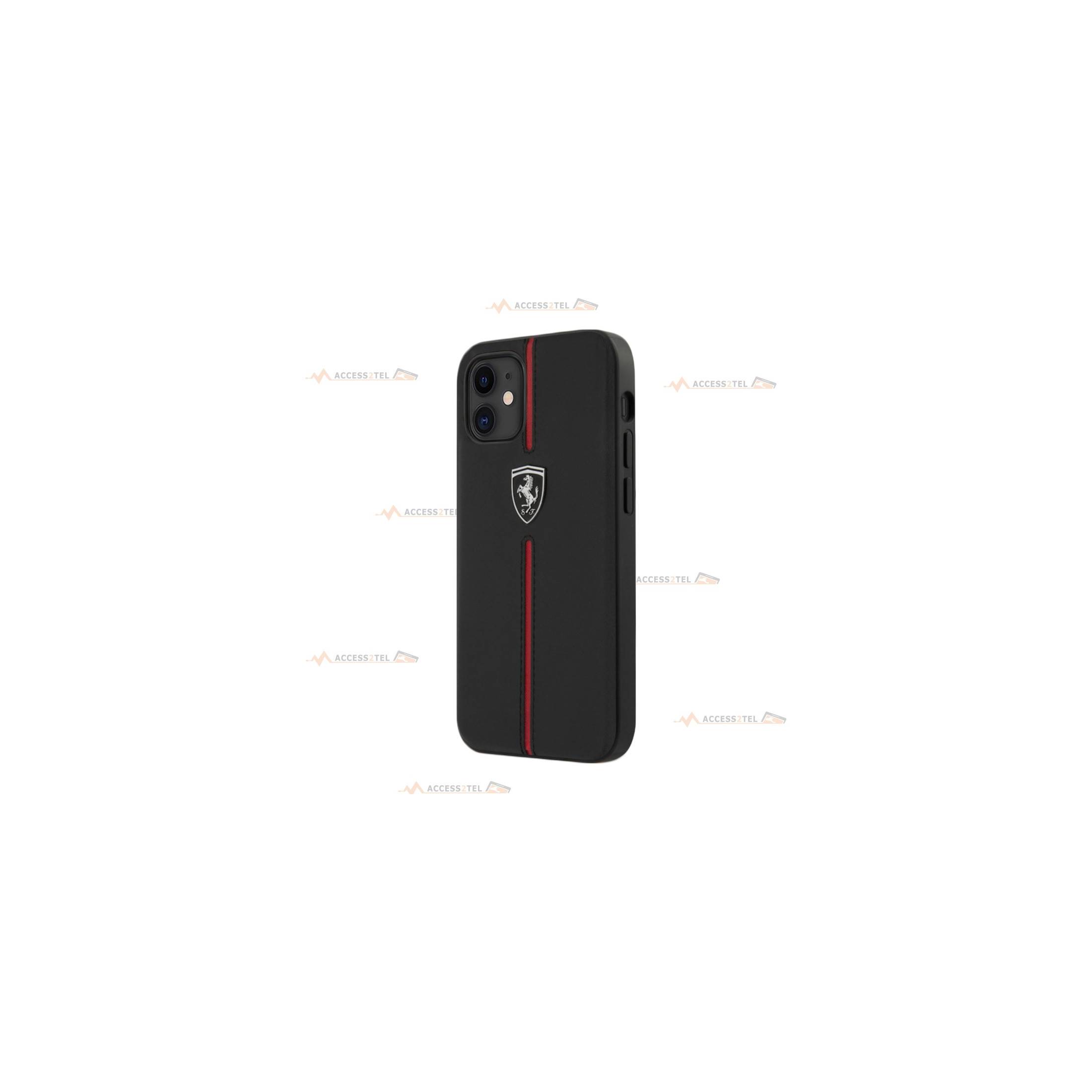 coque de téléphone Ferrari en cuir noir avec trait en nylon rouge et logo arenté pour iPhone 12