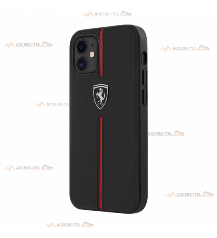 coque de téléphone Ferrari en cuir noir avec trait en nylon rouge et logo arenté pour iPhone 12