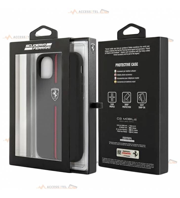 coque de téléphone Ferrari en cuir noir avec trait en nylon rouge et logo arenté pour iPhone 12 boîte