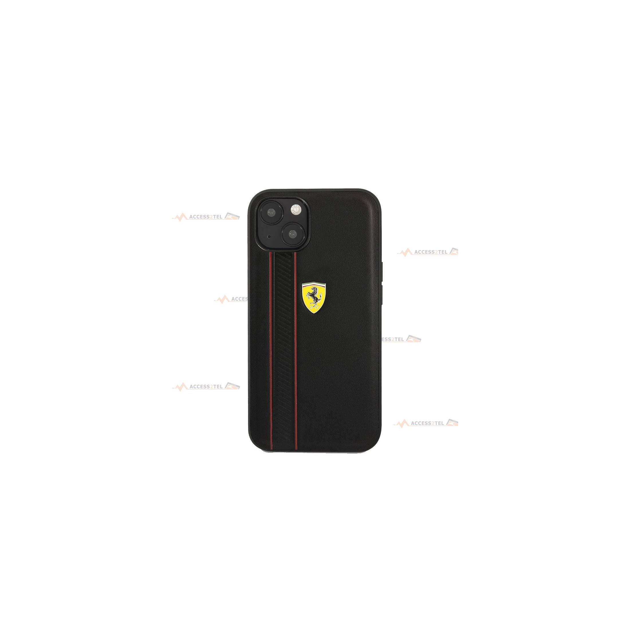 coque de téléphone Ferrari en cuir véritable noir pour iPhone 13