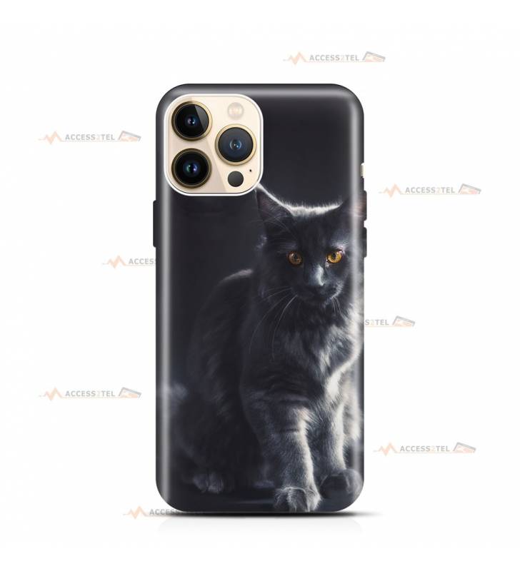 coque de téléphone avec un chat noir à poils longs