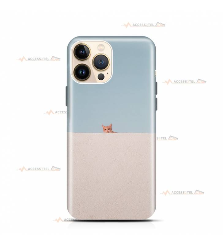 coque de téléphone avec un chat roux qui passe sa tête au-dessus d'un mur