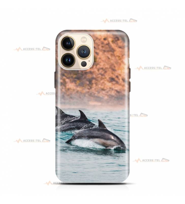 coque de téléphone avec un banc de dauphins en train de plonger