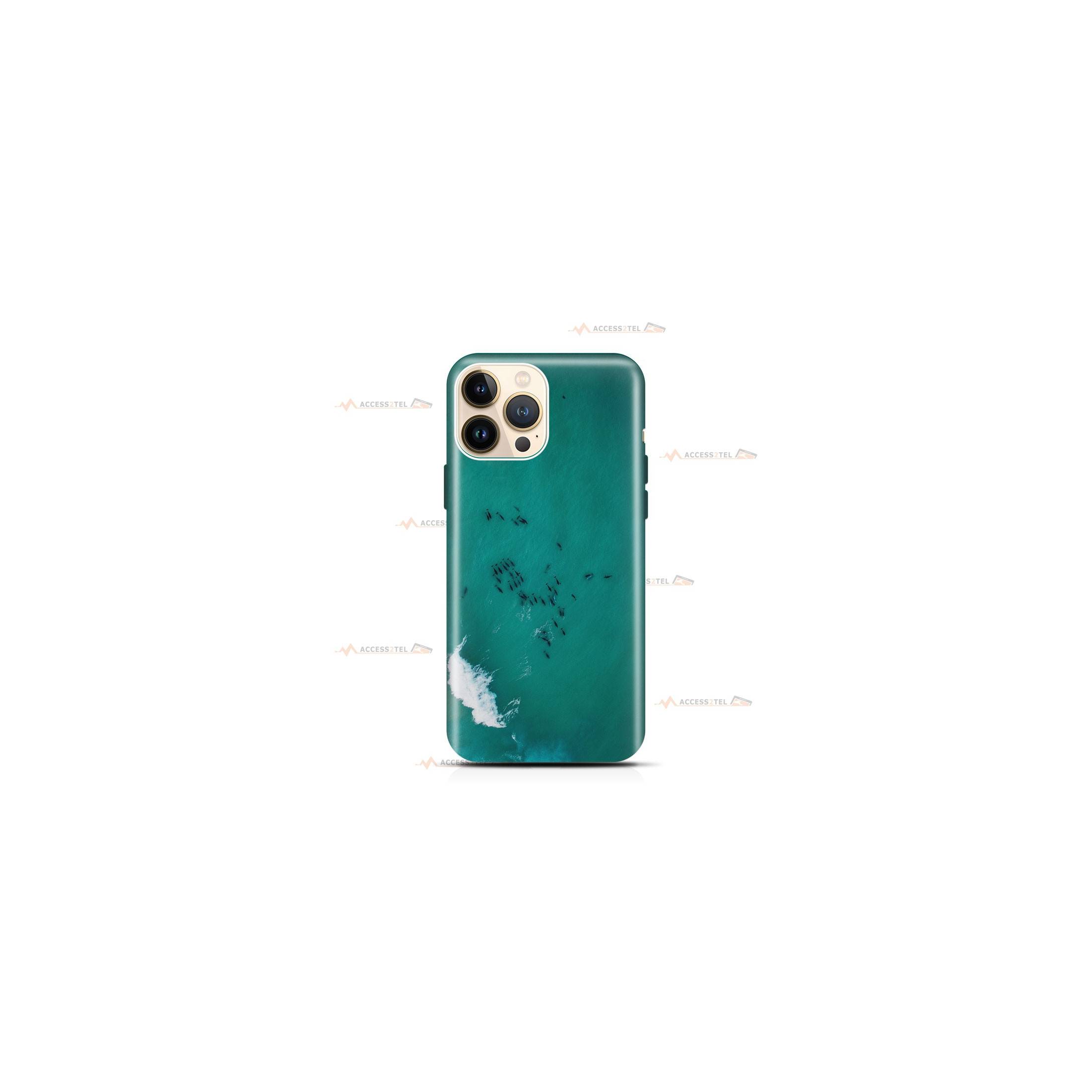coque de téléphone avec un banc de dauphins vu du ciel