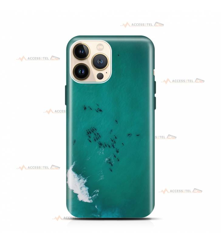 coque de téléphone avec un banc de dauphins vu du ciel