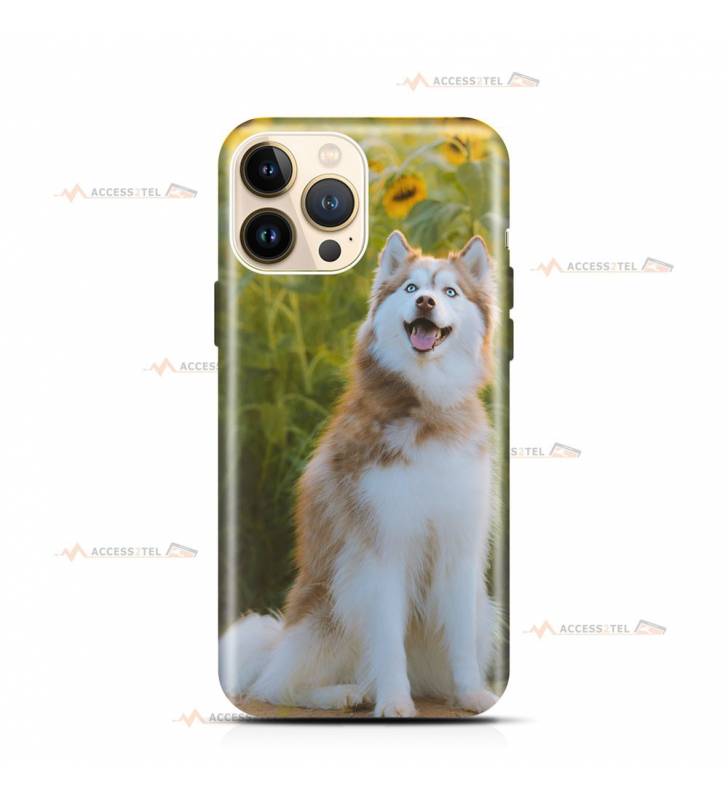 coque de téléphone avec un husky dans un champ de tournesols