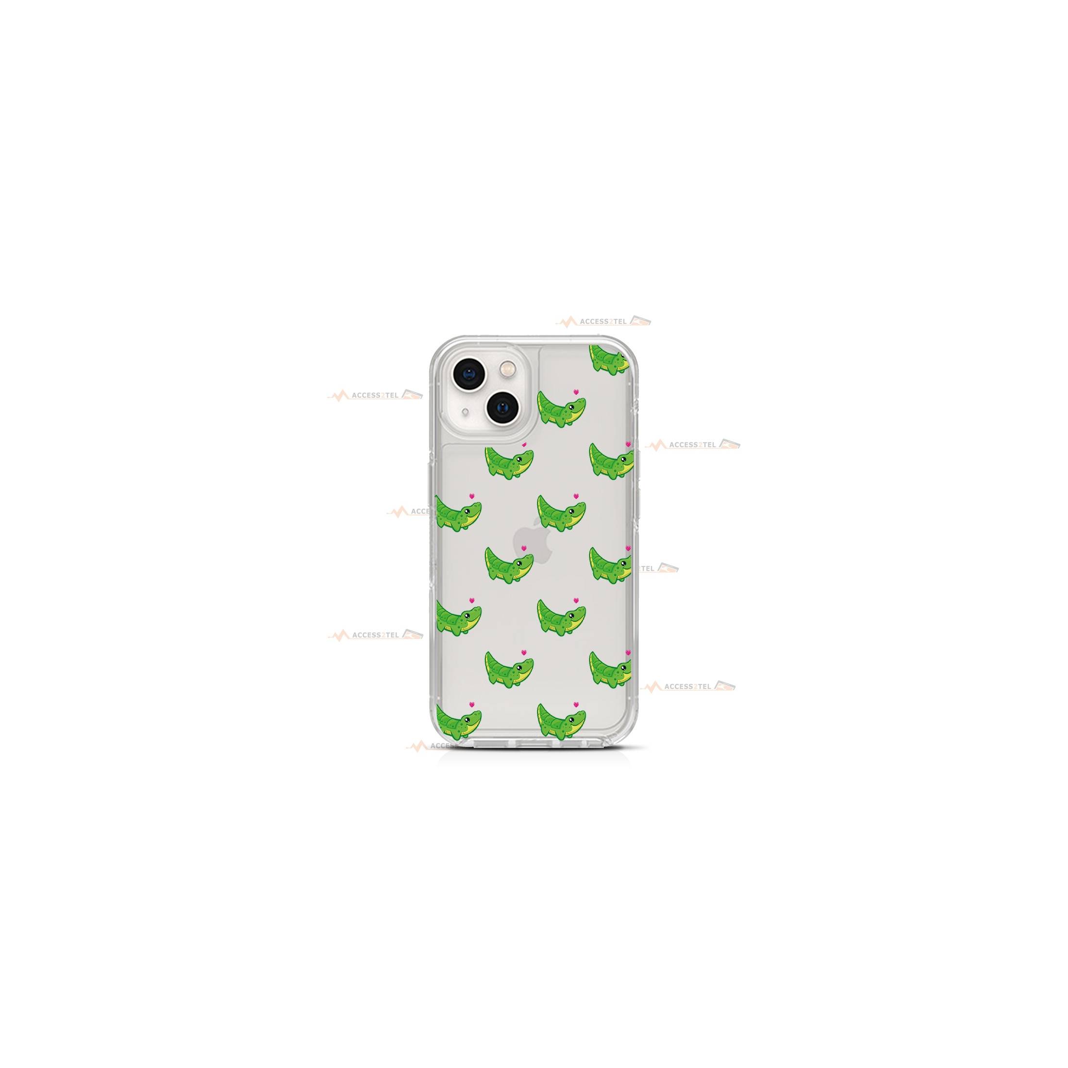 coque de téléphone transparente avec une petite illustration de crocodile avec un coeur