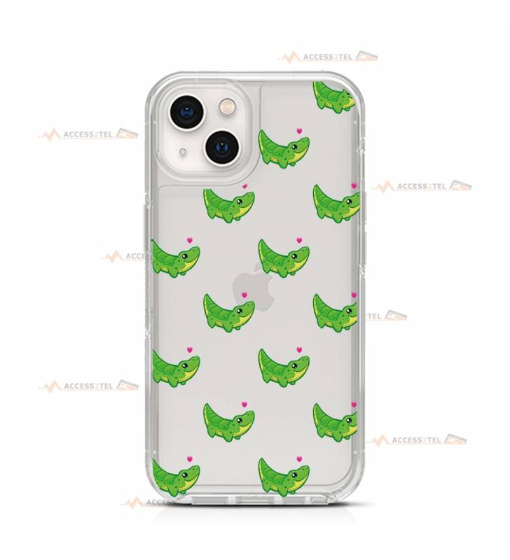 coque de téléphone transparente avec une petite illustration de crocodile avec un coeur