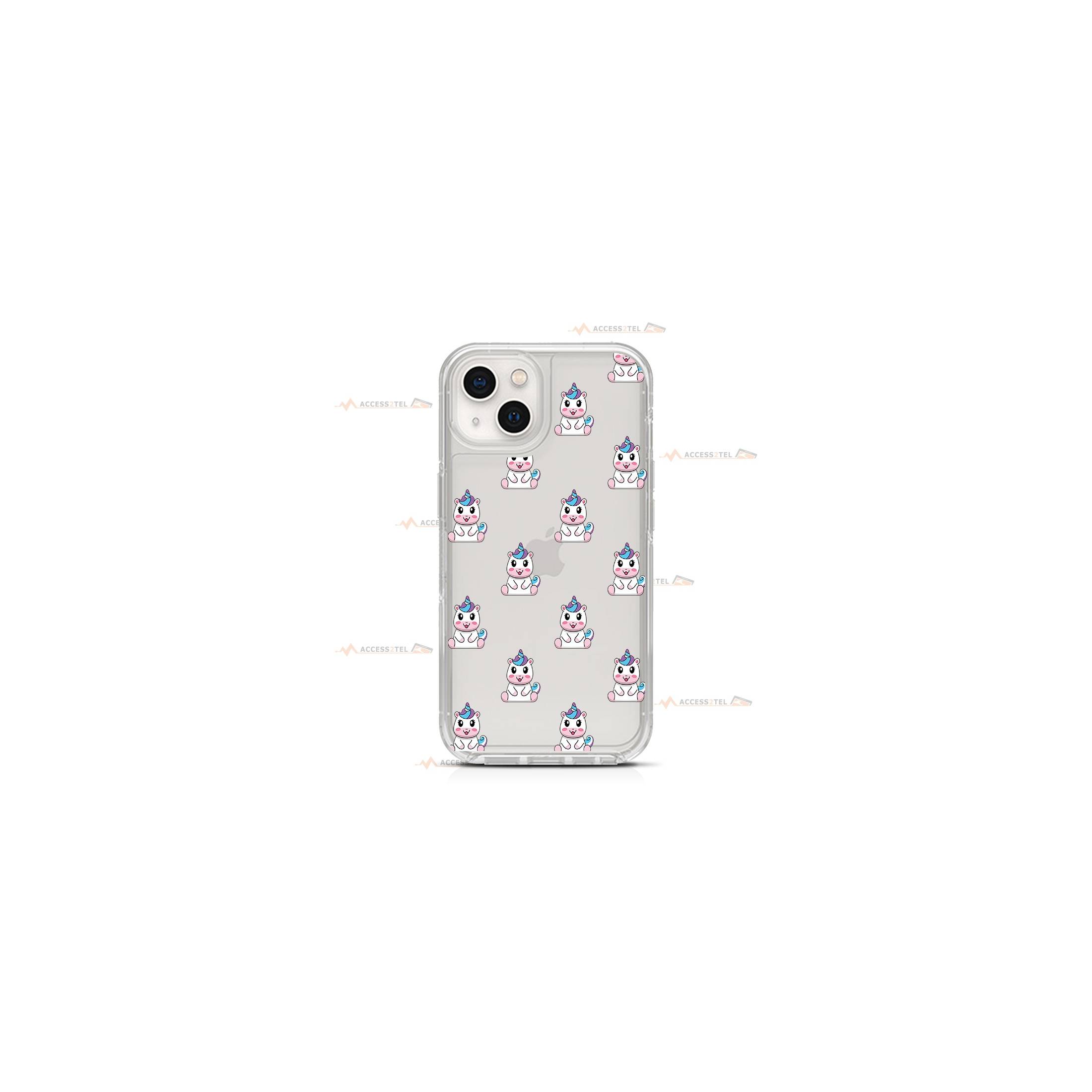 coque de téléphone transparente avec une petite illustration d'une licorne