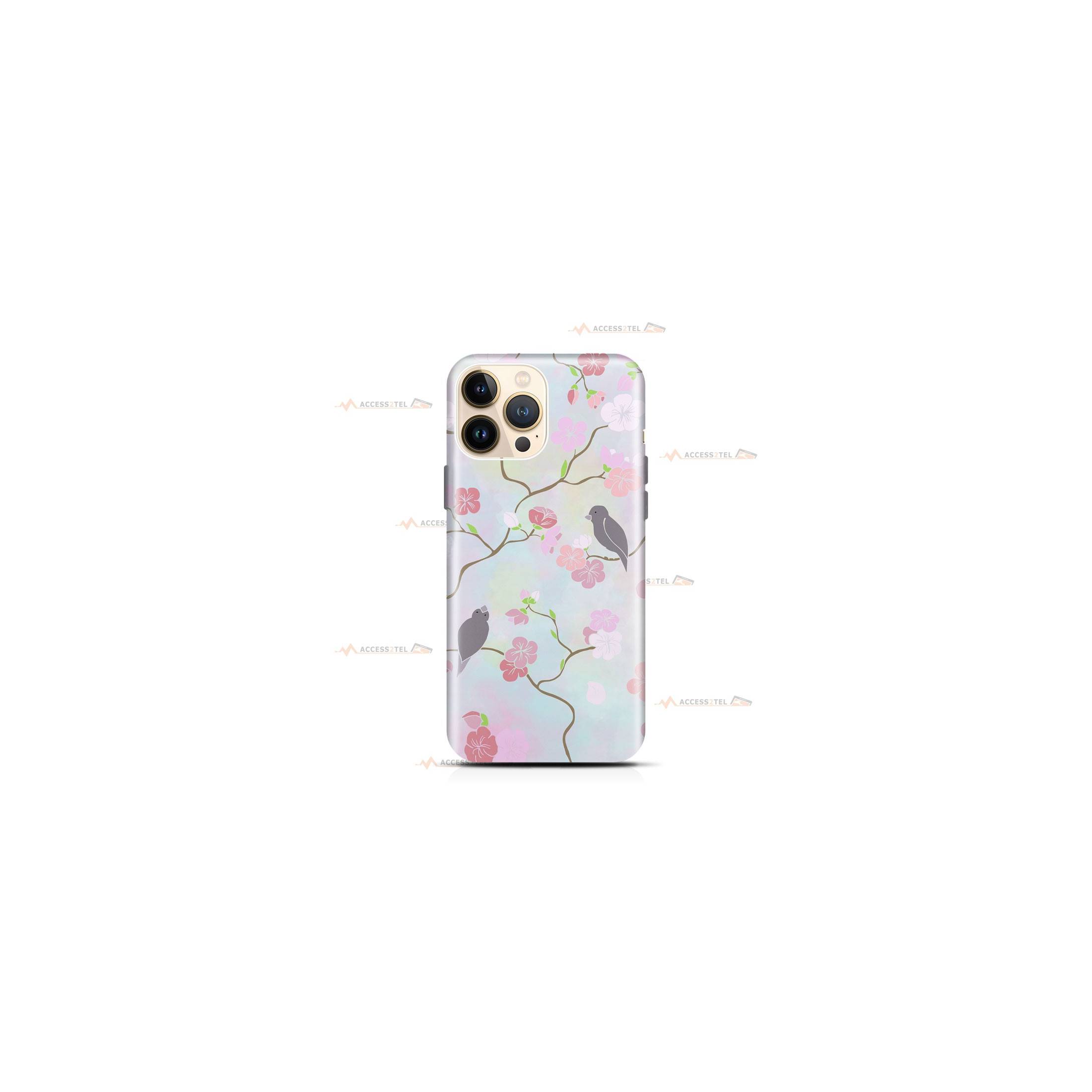 coque de téléphone avec une illustration de rossignols sur un arbre en fleurs rose