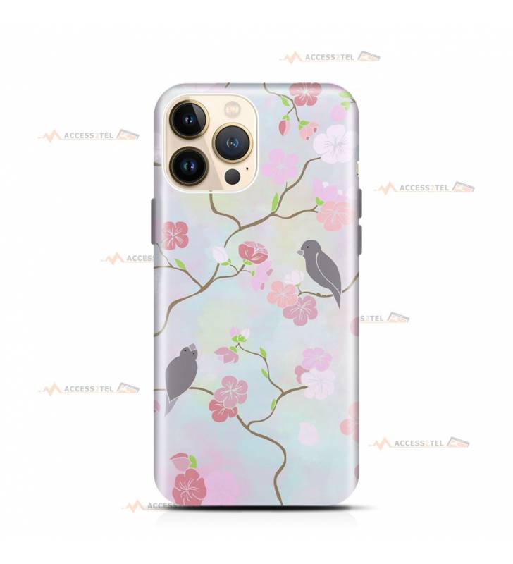 coque de téléphone avec une illustration de rossignols sur un arbre en fleurs rose