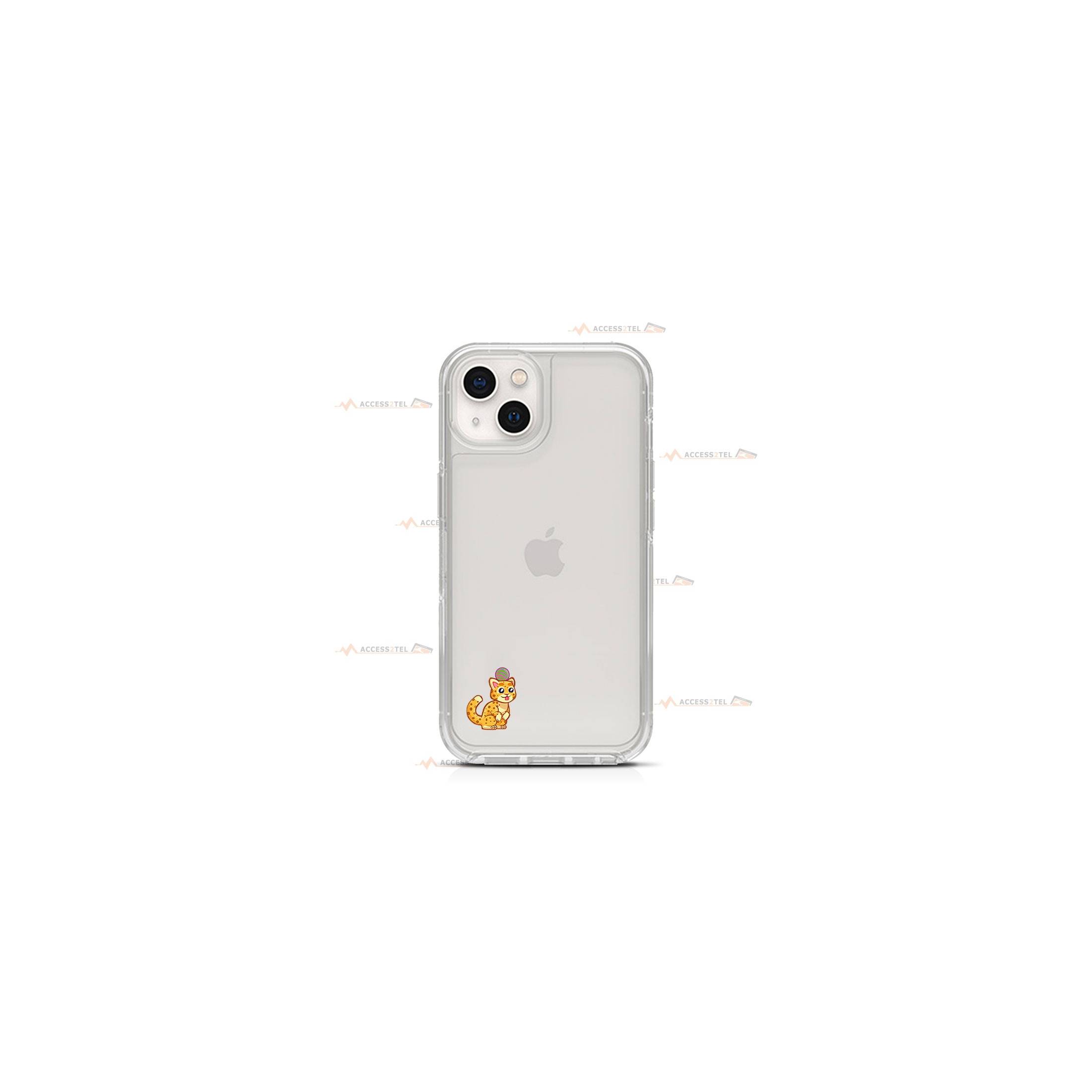 coque de téléphone transparente avec des illustrations de guépards qui ont des balles de jeu sur leurs têtes