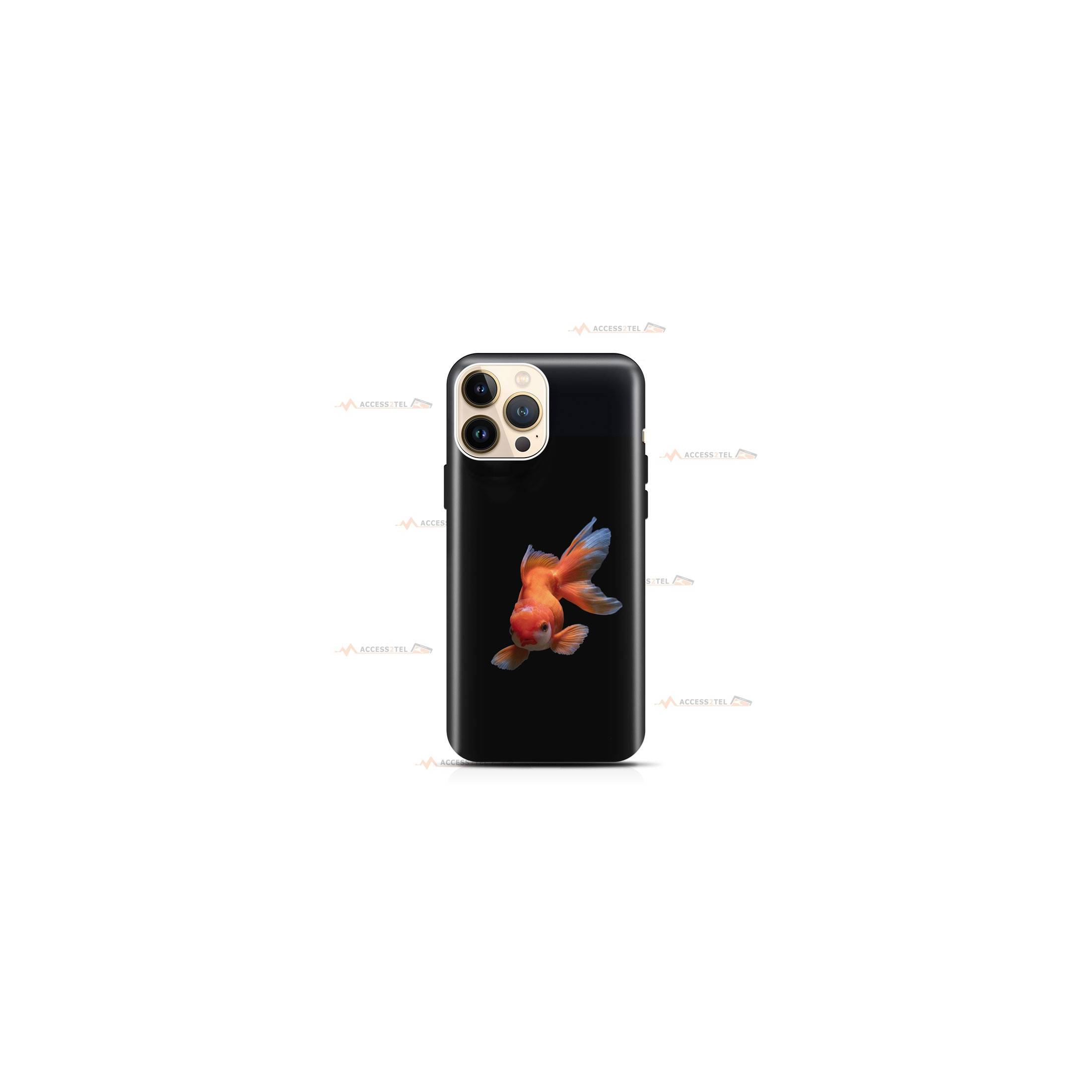 coque de téléphone noire avec un poisson rouge et blanc