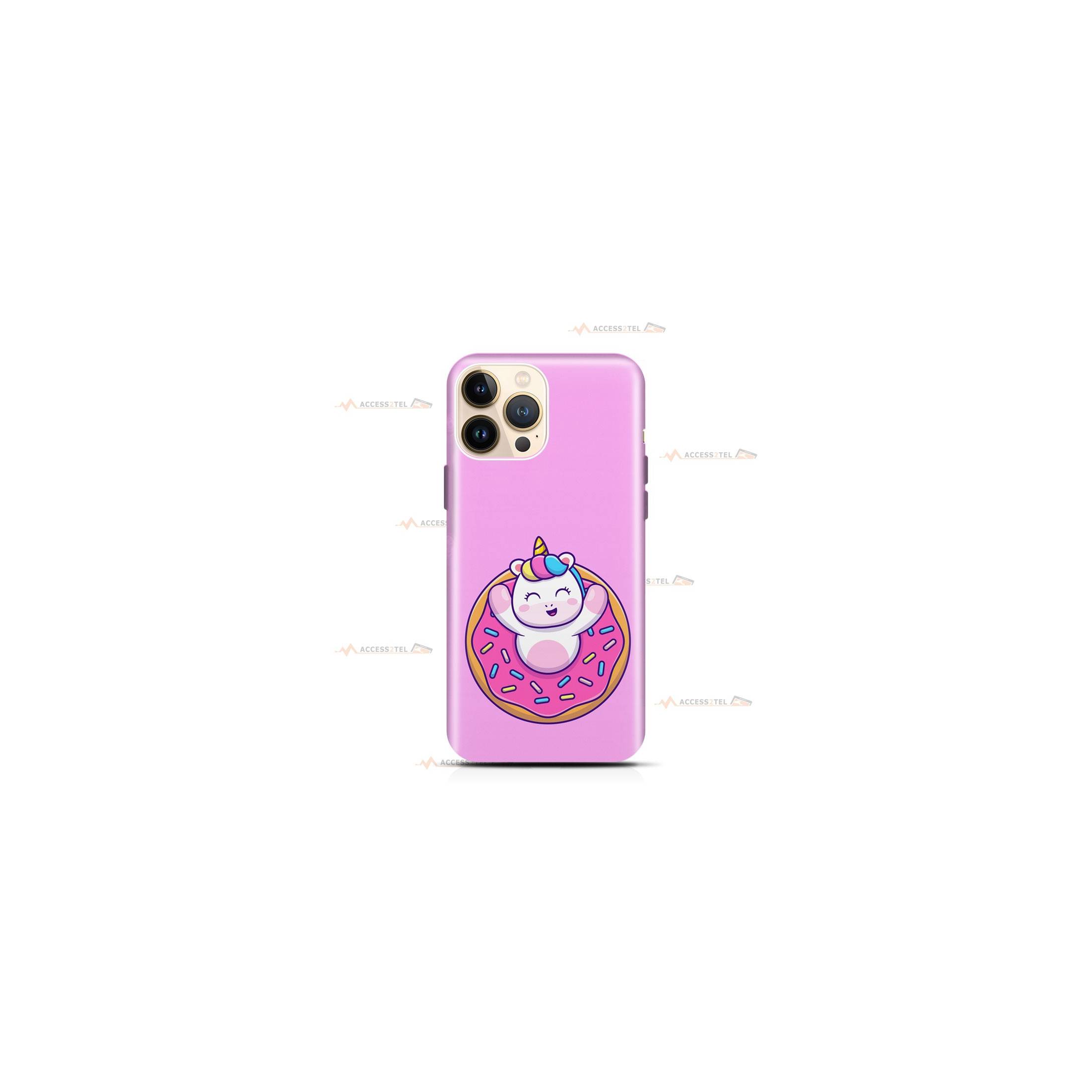 coque de téléphone rose avec une illustration d'une licorne dans un donut