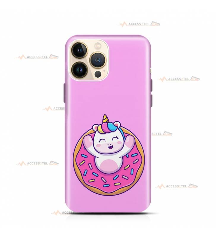 coque de téléphone rose avec une illustration d'une licorne dans un donut