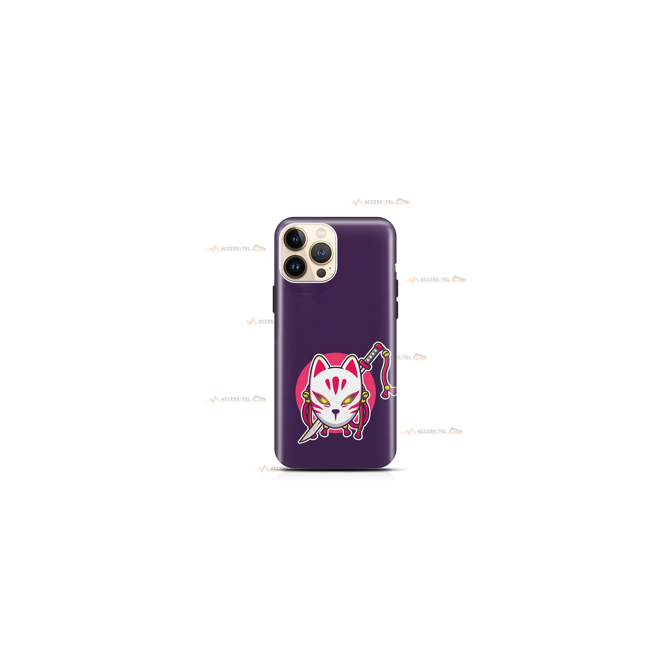 coque de téléphone violette avec une illustration de masque de renard japonais yokai et un sabre