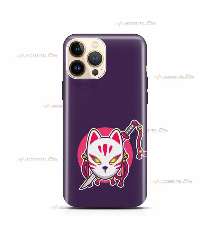 coque de téléphone violette avec une illustration de masque de renard japonais yokai et un sabre