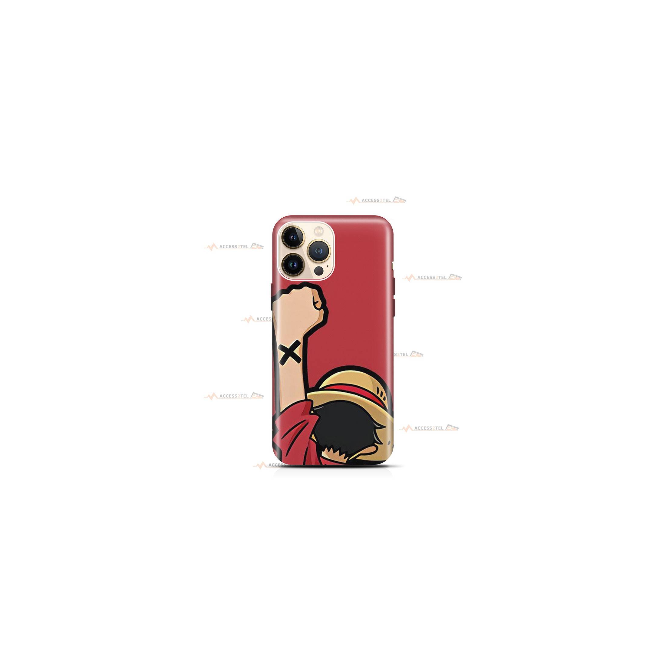 coque de téléphone avec Luffy de One Piece de dos et poing levé