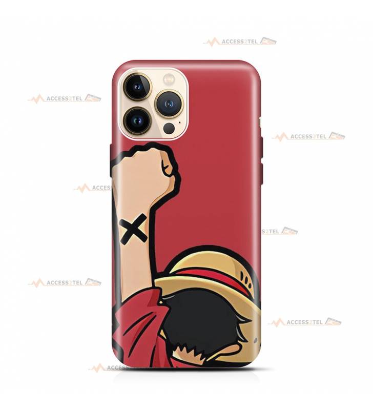 coque de téléphone avec Luffy de One Piece de dos et poing levé