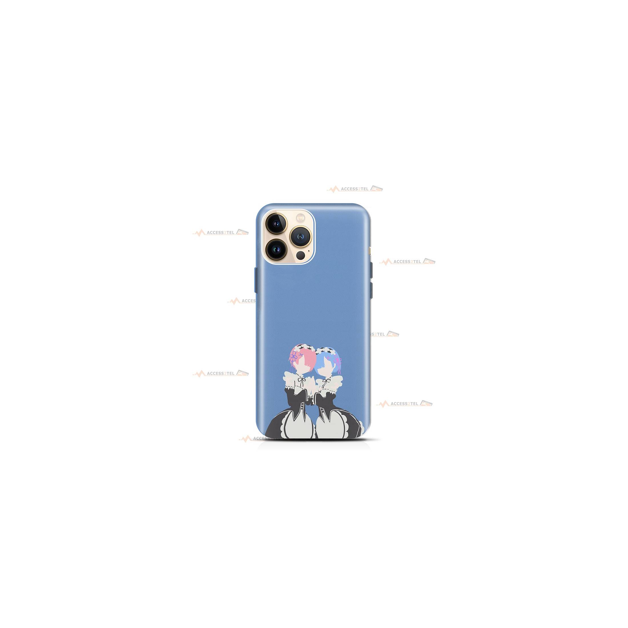 coque de téléphone bleue avec les silhouettes de Rem et Ram dans l'anime Re:Zero